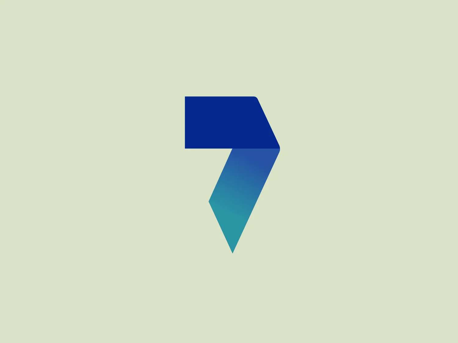 The 7Digital logo features a stylized, geometric shape resembling an arrow or a ribbon folding back on itself. It is composed of two parallelogram-shaped figures with the top being a deep blue and the lower one transitioning into a gradient of teal, ending in a light aquamarine. The design is modern and sleek, with clean lines and a sense of forward motion. The aesthetic is minimalistic and would likely appeal to tech or finance industries due to its dynamic yet simple form.