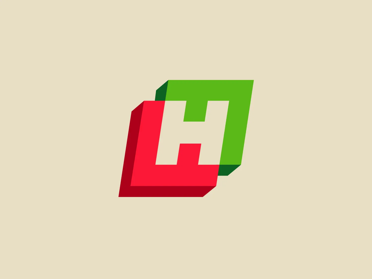 The business logo of Gobierno de Hidalgo features a stylized, geometric 3D effect with two interlocking shapes that resemble a shield or the letter 'H'. The left portion is deep green (#008000) while the right is vivid red (#FF0000), creating a gradient effect that emphasizes the three-dimensional appearance. The sharp edges and dynamic interplay of colors convey strength and modernity, resulting in a minimalistic yet bold visual statement.