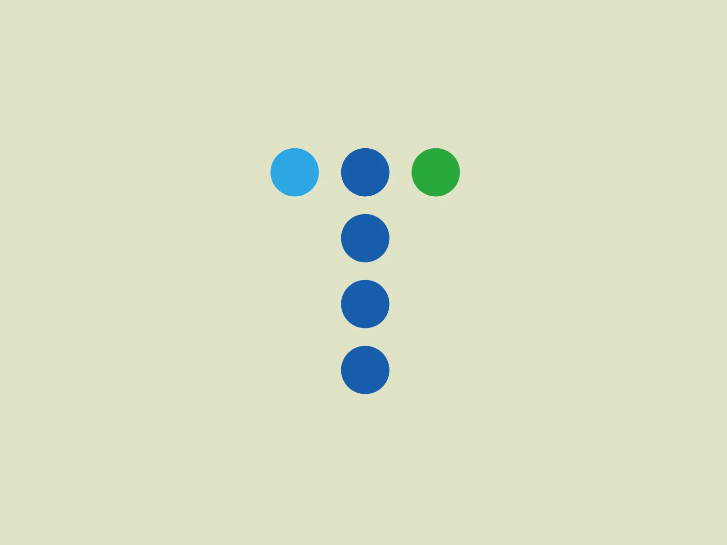 The T Bank logo is a vertical arrangement of seven circles, with six shades of blue creating an ombre effect from light to dark. The circles are evenly spaced but slightly deviate from vertical, with a single green circle at the top for a pop of contrasting color. The design is modern and minimalistic, with a clean and simple composition, while the green color adds an organic touch to the cool blue palette.