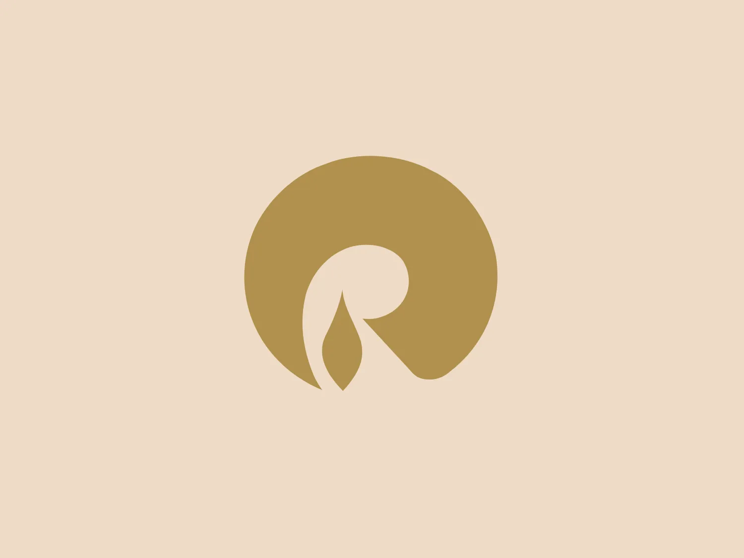 The image showcases a simple, modern logo composed of a stylized letter 'R' in the center of a circular backdrop. The design uses a monochromatic palette with the 'R' and the circle both filled with a muted golden brown color. The 'R' has a unique cut in the shape of a water droplet or flame, giving Reliance's logo an organic and dynamic feel. The font style is bold and fluid, and the overall aesthetic is minimalistic and clean, suggesting a brand that values elegance and sophistication.