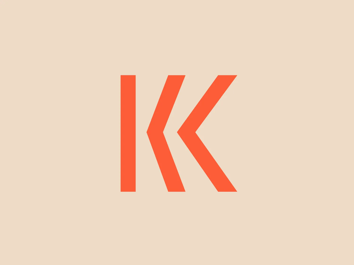 The Kearney Group logo consists of two orange letters "K" rotated and arranged back-to-back to create a symmetric design. The design is simple and modern, with sharp angles and a bold appearance. The absence of serifs and the use of a single, flat color give it a clean, contemporary feel. The right angles in the negative space between the characters resemble an arrow pointing left, suggesting movement or looking backward.