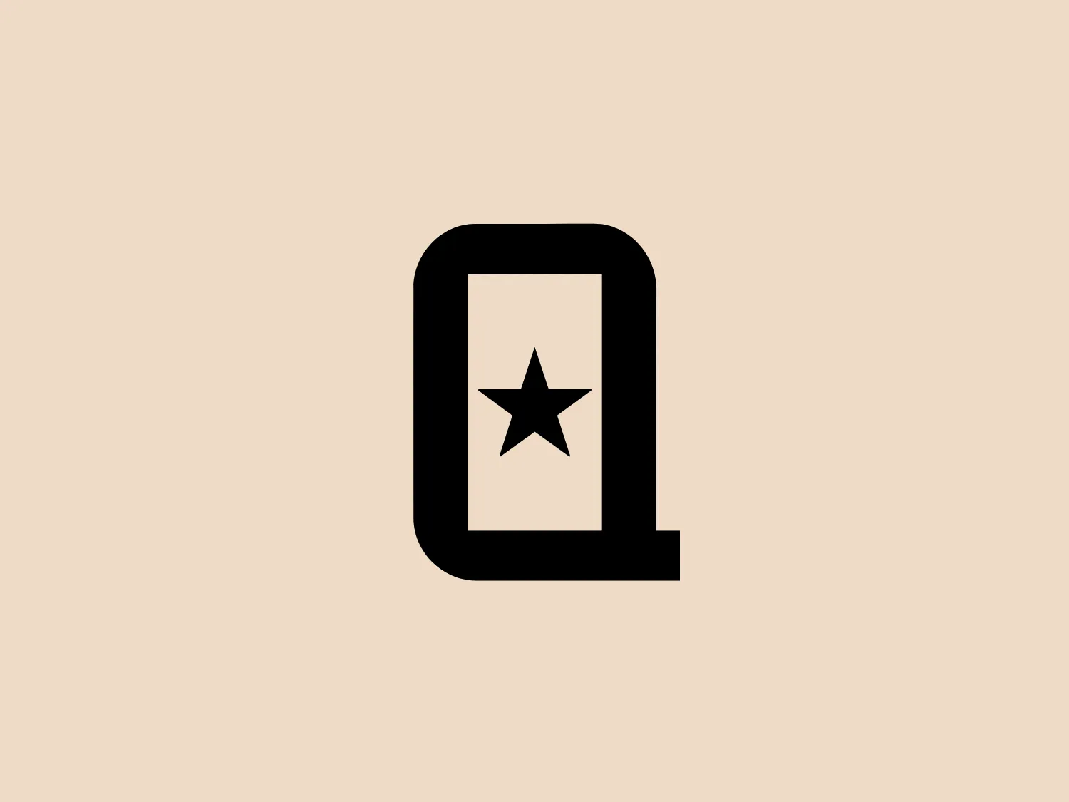 The Quartel Design logo features a bold, black "Q" with a rectangular void, housing a simple five-pointed star. This minimalist design uses high contrast and sharp edges to convey a sleek, modern aesthetic suitable for various industries such as technology, entertainment, or fashion.