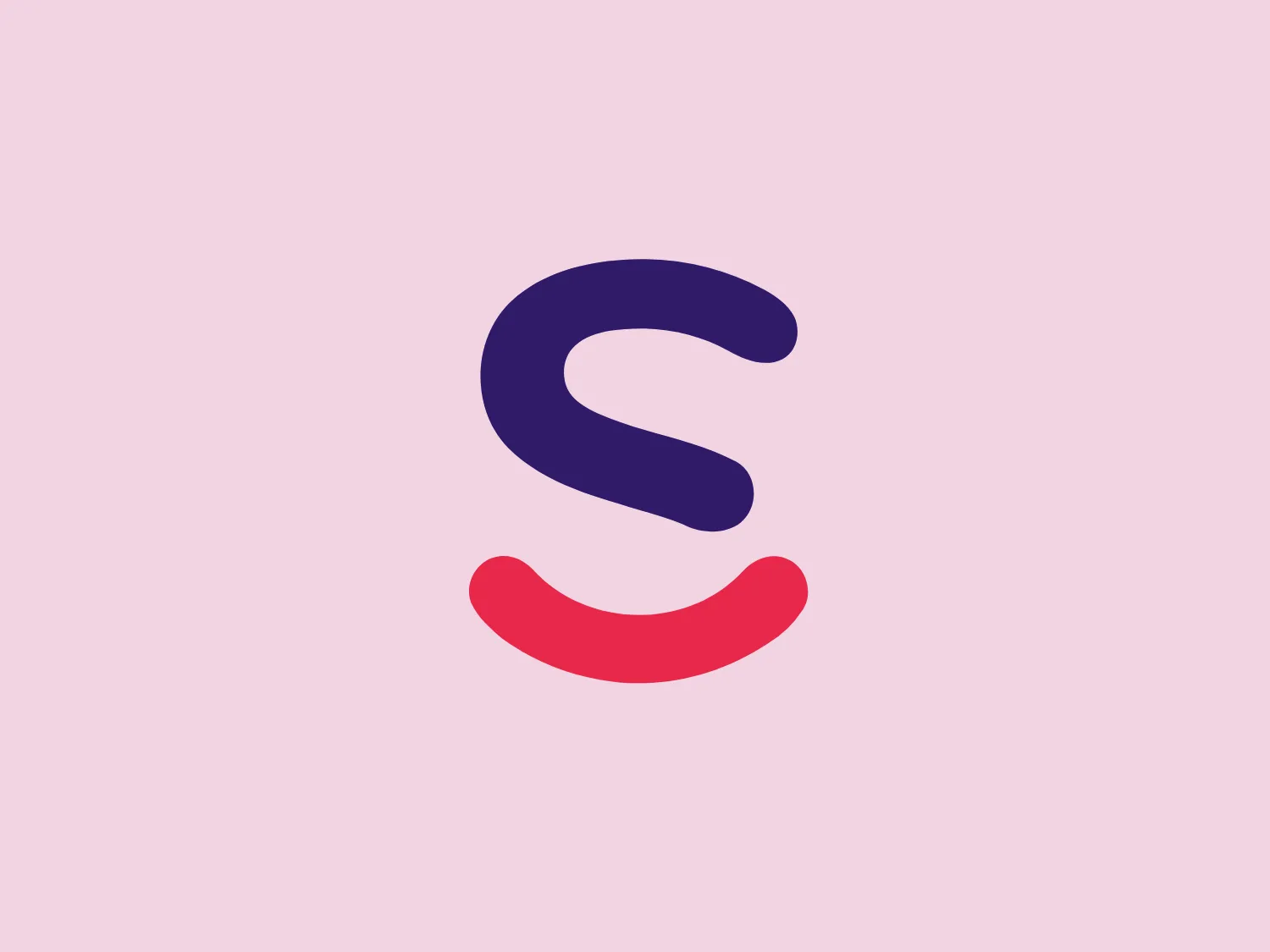 The FreySmiles logo features a stylized letter 'S' composed of two curved and opposing shapes that mirror each other with their backsides almost touching, creating a sense of balance and motion. The top part of the 'S' is colored in a deep purple, while the bottom part is a bright, warm red. The overall design is simple, modern, and has a playful twist that conveys movement and dynamism. The shapes are smooth and have a friendly, approachable feel.