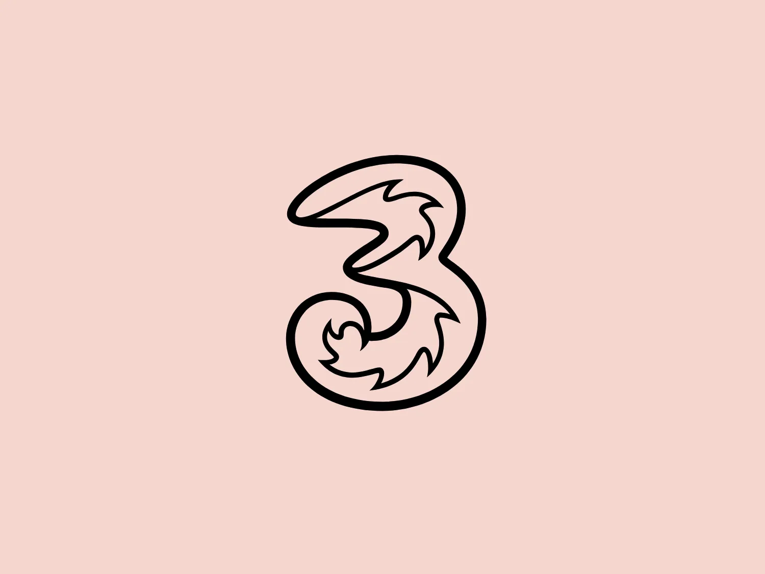 The Three UK logo features a bold, fluid, abstract shape resembling the numeral "3" with sharp, pointed ends, giving it a dynamic and aggressive character. It is a simple yet striking black outline against a white background, with two sections resembling stylized flames or tails, suggesting a sense of speed or transformation. The clean lines and absence of additional ornamentation give it a modern and sleek appearance.