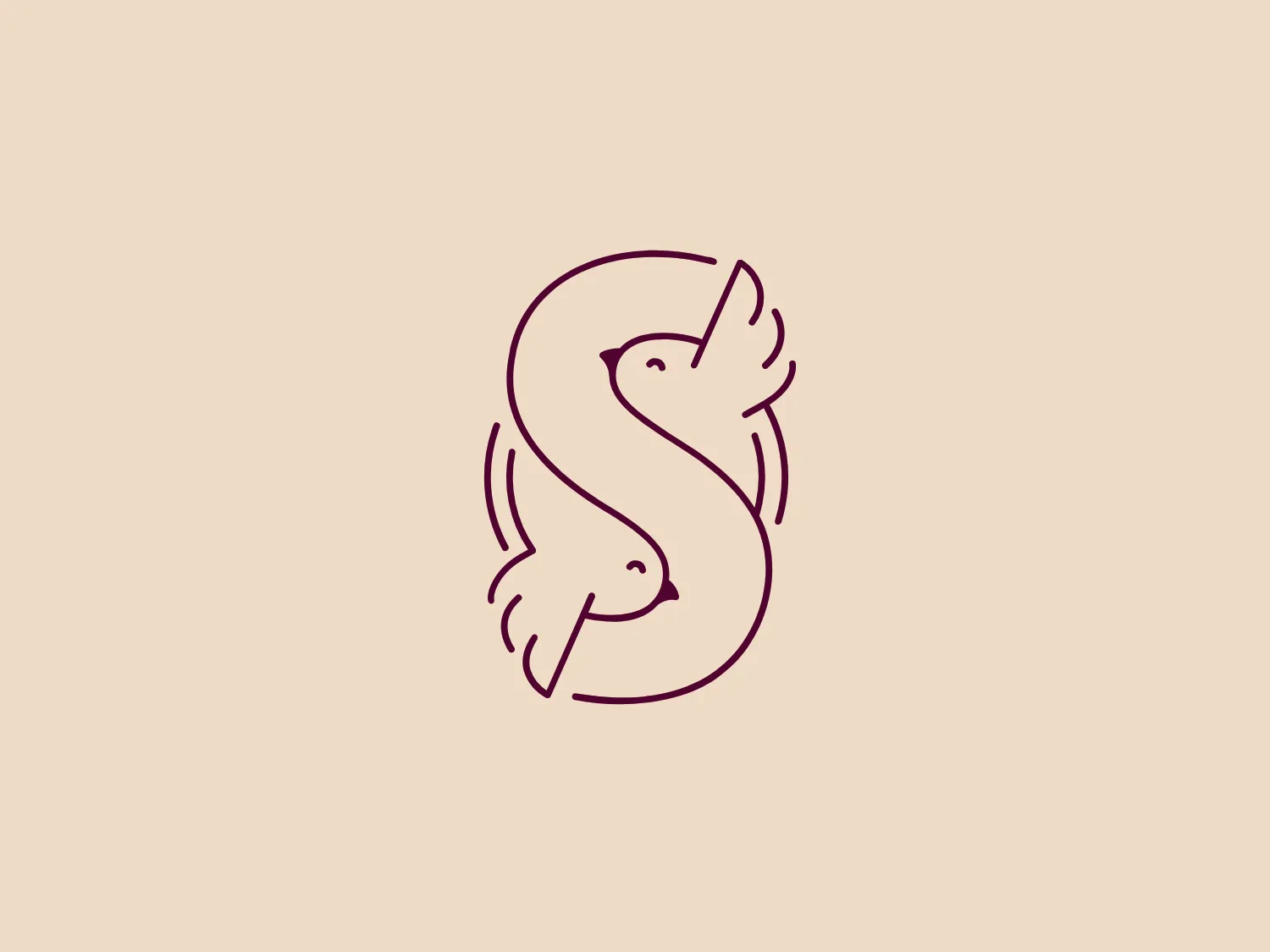 The logo depicted is a stylized, minimalist design featuring two birds intertwined in a shape resembling the letter 'S' for Spero Wellness. The line work is smooth and continuous, suggesting motion and harmony. The birds appear to be in flight, with one positioned as if ascending and the other as if swooping downwards. The design is monochromatic, with a purple-tinged maroon color giving it a subtle, sophisticated appeal. Since the logo is intricate and elegant in its simplicity, a background color that would complement without overpowering it should be relatively light and soft.