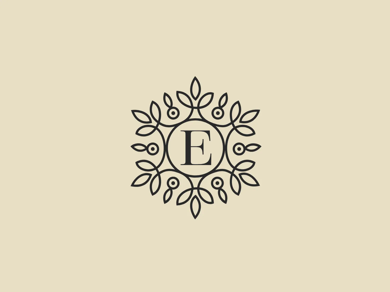 The Spa Elite logo features a symmetrical monogrammed central letter "E" in a bold serif font. Surrounding the letter is an intricate wreath-like emblem composed of stylized leaves and berries, demonstrating a harmonious blend of organic elements. The design is linear with no fill, exuding an elegant and timeless appeal. Delicate lines and loops create a sense of movement and sophistication, along with a balance between the ornate and the minimalist. The monochromatic logo utilizes black against a white background, which gives it a classic and versatile look.