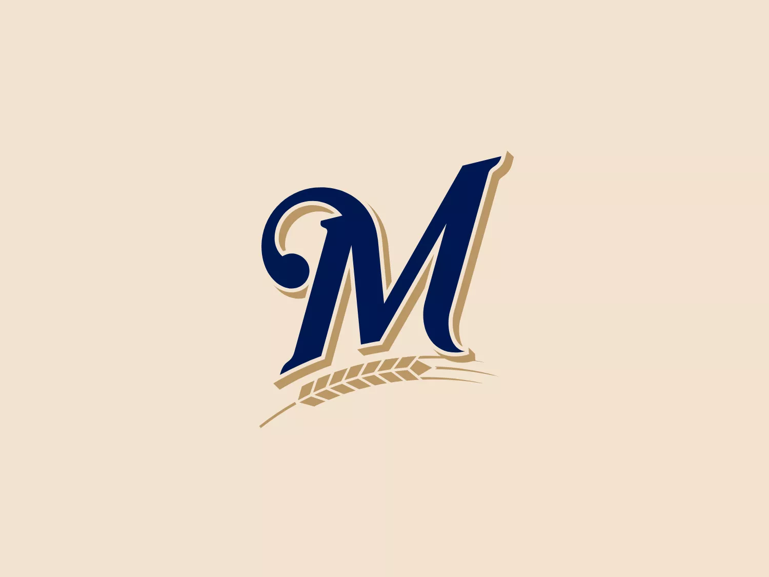 The logo for Milwaukee Brewers features a stylized letter "M" in a serif font, predominantly in a dark navy blue color. The letter is outlined with a thin golden line, adding elegance and distinction. Underneath the "M" is a golden brown wheat stalk motif, complementing the navy blue and gold outline. The logo radiates a premium, traditional vibe, with a sophisticated aesthetic perfect for a brand seeking to project legacy or craftsmanship.