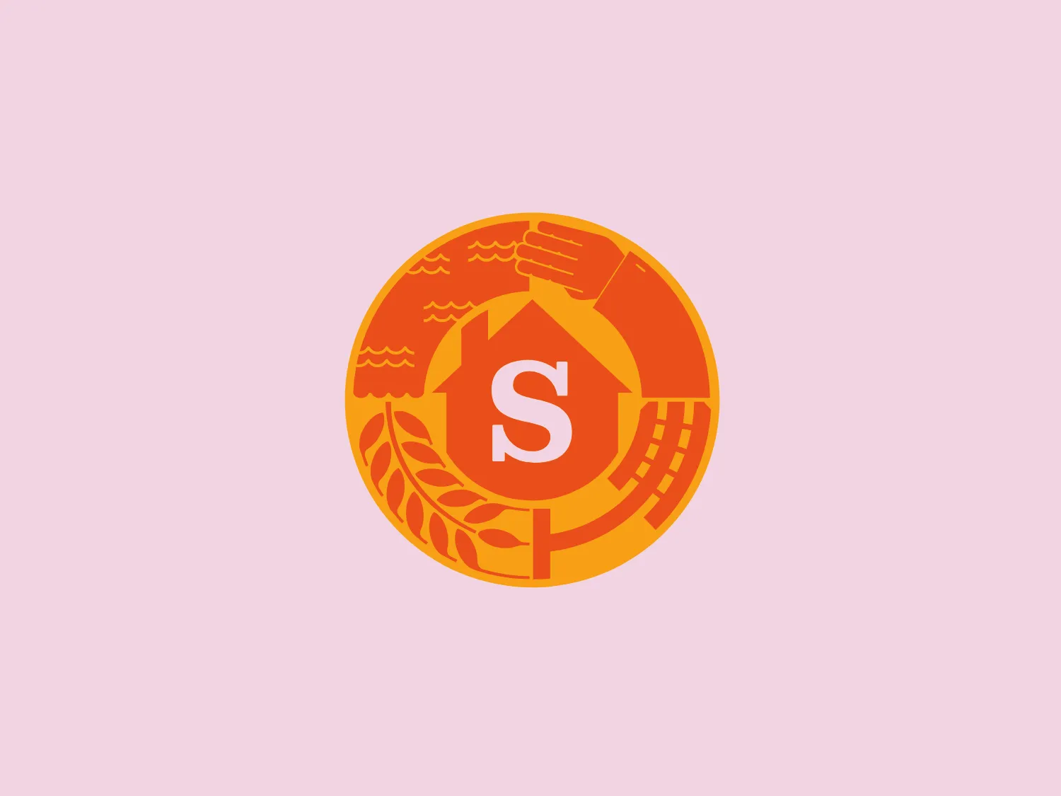 The Simple Roots logo showcases a bold letter 'S' at the center, set against a circular orange backdrop that transitions to a lighter shade at the edges. The 'S' is surrounded by stylized elements including a curved structure akin to a hill or wave, a simple representation of a leaf or flame, grid lines suggesting a street or farmland, and a fork-like shape symbolizing agriculture or dining. The design uses two tones of orange to create a vibrant and energetic feel, while the incorporation of white space around the 'S' allows it to stand out as the focal point.