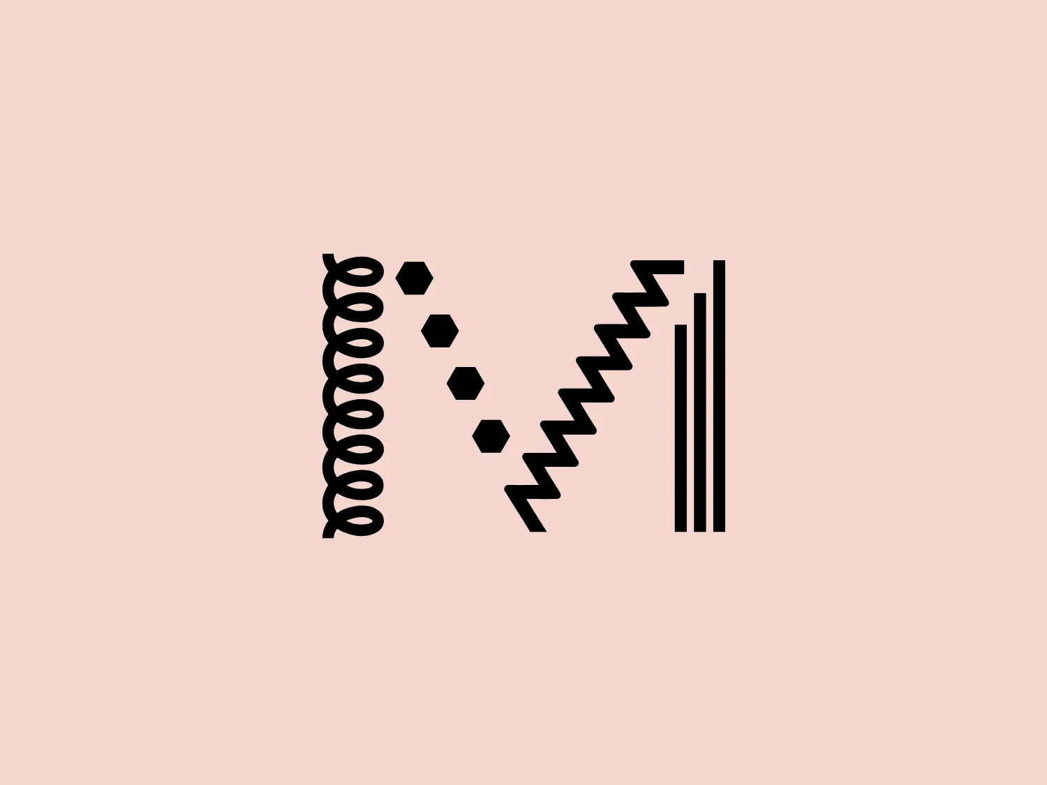 The logo in the image is composed of three distinct vertical segments forming a stylized letter 'M,' featuring a helix or DNA-like pattern with interconnected loops on the left segment. The middle segment is represented by an irregular dotted line with varying sizes of pentagons, suggesting a transition or path. The right segment is characterized by three parallel lines with varying lengths, giving a sense of order and stability. The entire logo is monochromatic, utilizing only black against a white background, providing a sharp contrast and a modern, clean aesthetic for Materials for the Arts.