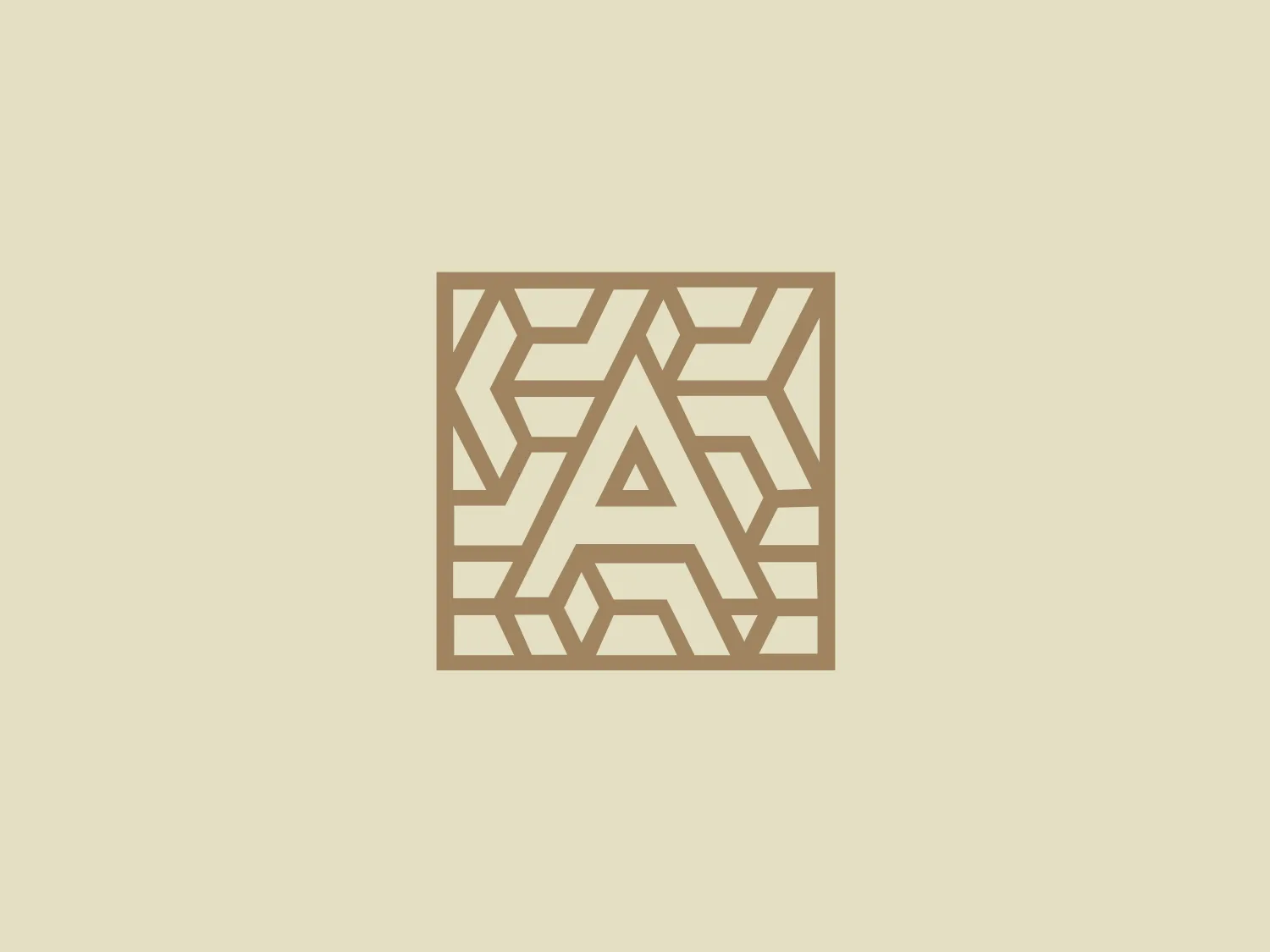 The logo comprises a stylized monogram with interlocking lines forming what appears to be the letters 'E', 'A', and 'K'. The design is geometric and angular, giving a sense of structure and modernity. It employs a single-colour scheme with a gold-like hue, which offers a premium and sophisticated feel. The use of negative space within the square boundary enhances the complexity and visual interest of the design. For this Anthology logo, a neutral and subtle background that complements its simplicity and elegance would be ideal.