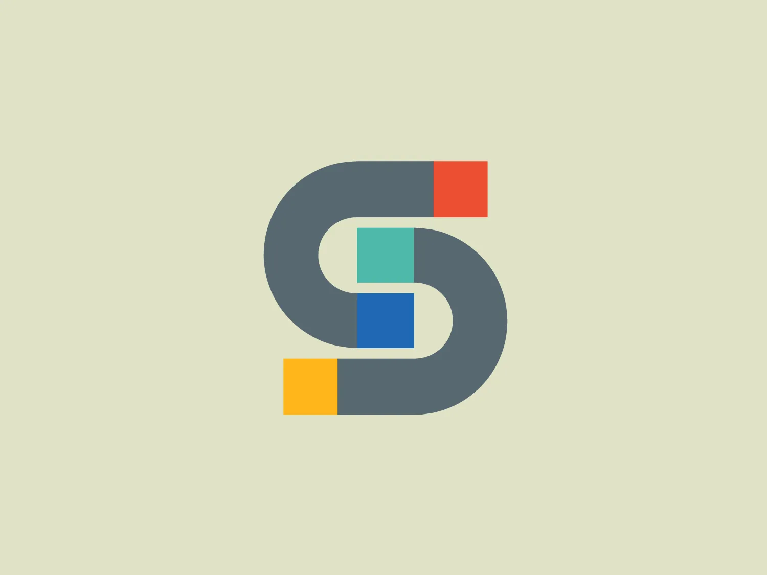 The Schnackel logo showcases a stylized lowercase letter 's' with a modern and geometric design. The primary shape consists of a smooth, continuous curve that loops once before terminating at both ends. The logo's color palette incorporates a muted dark gray for the 's' outline, along with color blocks within the loops - a bright red square, a teal rectangle, and a golden yellow square. This clean, minimalist, and contemporary design incorporates playful color blocking, adding visual interest and breaking the monotony of the gray. This design suggests a sense of connectivity and integration.