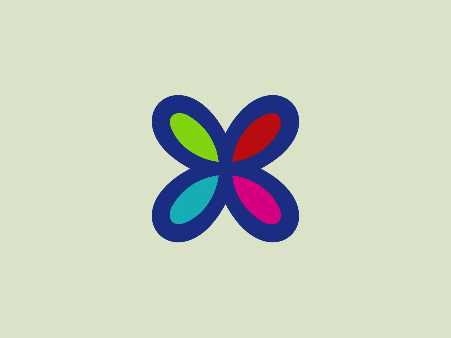 The Dixie logo showcases a contemporary and minimalistic butterfly design, comprised of four vibrant wings in green, red, blue, and pink, each featuring a subtle gradient for added dimension. The rounded shapes of the wings create a welcoming vibe, while the navy blue body provides a solid foundation to the overall structure. This playful yet professional logo is characterized by its use of vivid colors against a simple outline.