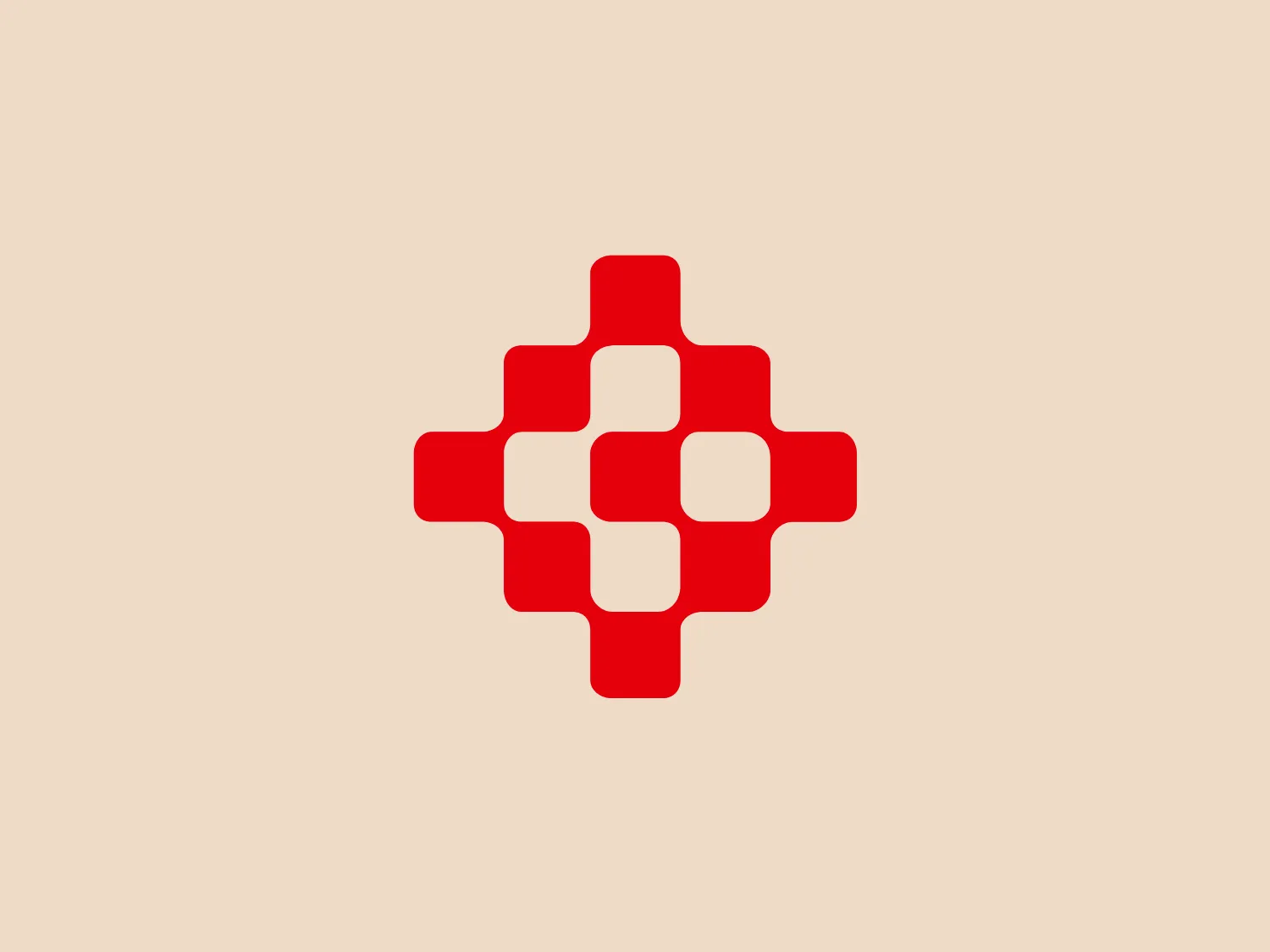 The logo for Caja Cusco is a stylized, geometric design that features a bold, red cross with arms of equal length that extend symmetrically from a central square. The tips of the arms create an overall octagonal shape. The cross is comprised of distinct, modular blocks which give it a digital or pixelated feel, reminiscent of early video game graphics. Each arm consists of three elongated rectangles, and the central square connects them all, emphasizing unity and connection. The use of vivid red adds to the logo's strong, eye-catching quality. Given the bold and sharp design of the logo, a soft, neutral background would complement it well.
