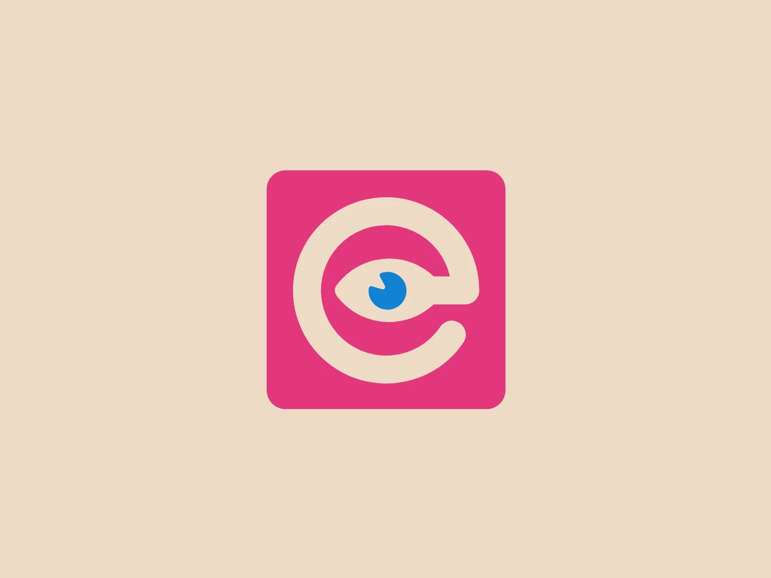 The logo for Eyelander showcases a stylized letter "e" in white, resembling an @ symbol, enclosed within a circular pink outline. The negative space of the "e" contains a dark blue dot, creating an eye-like effect. This central motif is set against a vibrant pink square background, giving the logo a bold and modern appearance. The design suggests connectivity, vision, or digital innovation, and would be complemented by a light and neutral background color.