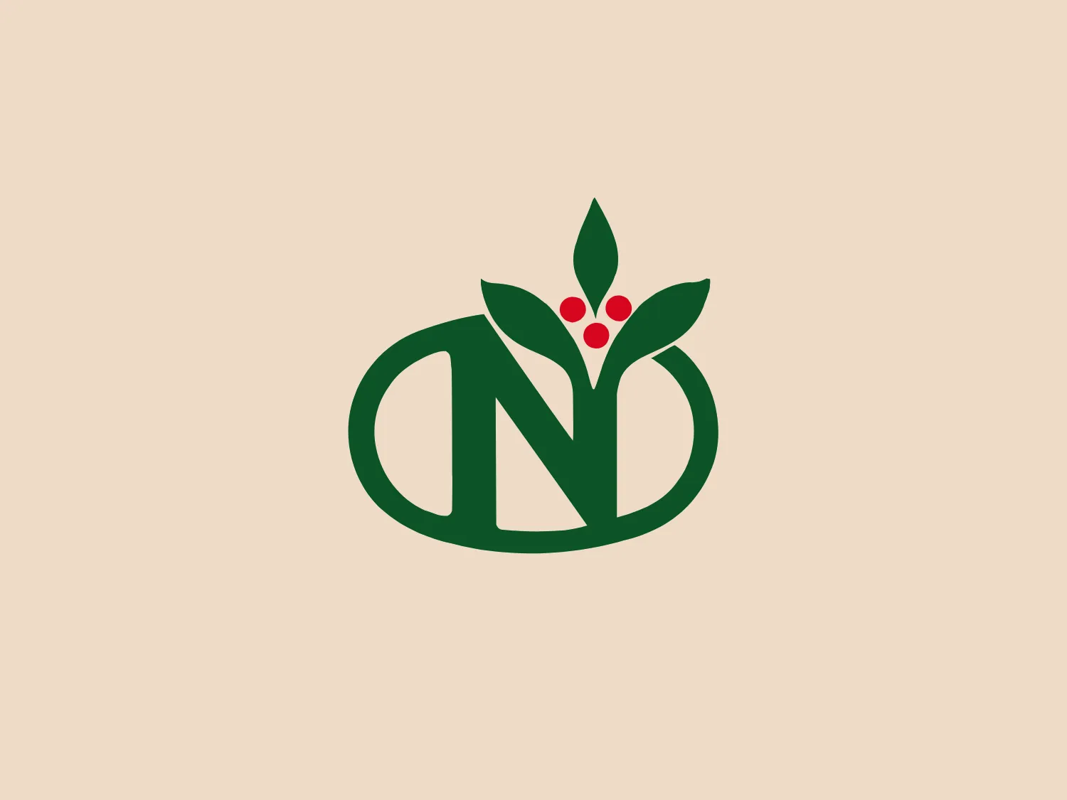 The Neumann Coffee Group logo features a bold, stylized representation of the letters 'N' and 'D' in deep green, interlocked with a design that suggests growth and nature. Three round red berries or dots adorn a sprout with two symmetrical green leaves that emerge seamlessly from the top of the 'D.' The overall aesthetic is clean, organic, and modern, with a clear emphasis on sustainability or natural themes. The curves of the letters mimic natural shapes, and the contrast between the green and red colors is striking yet harmonious.