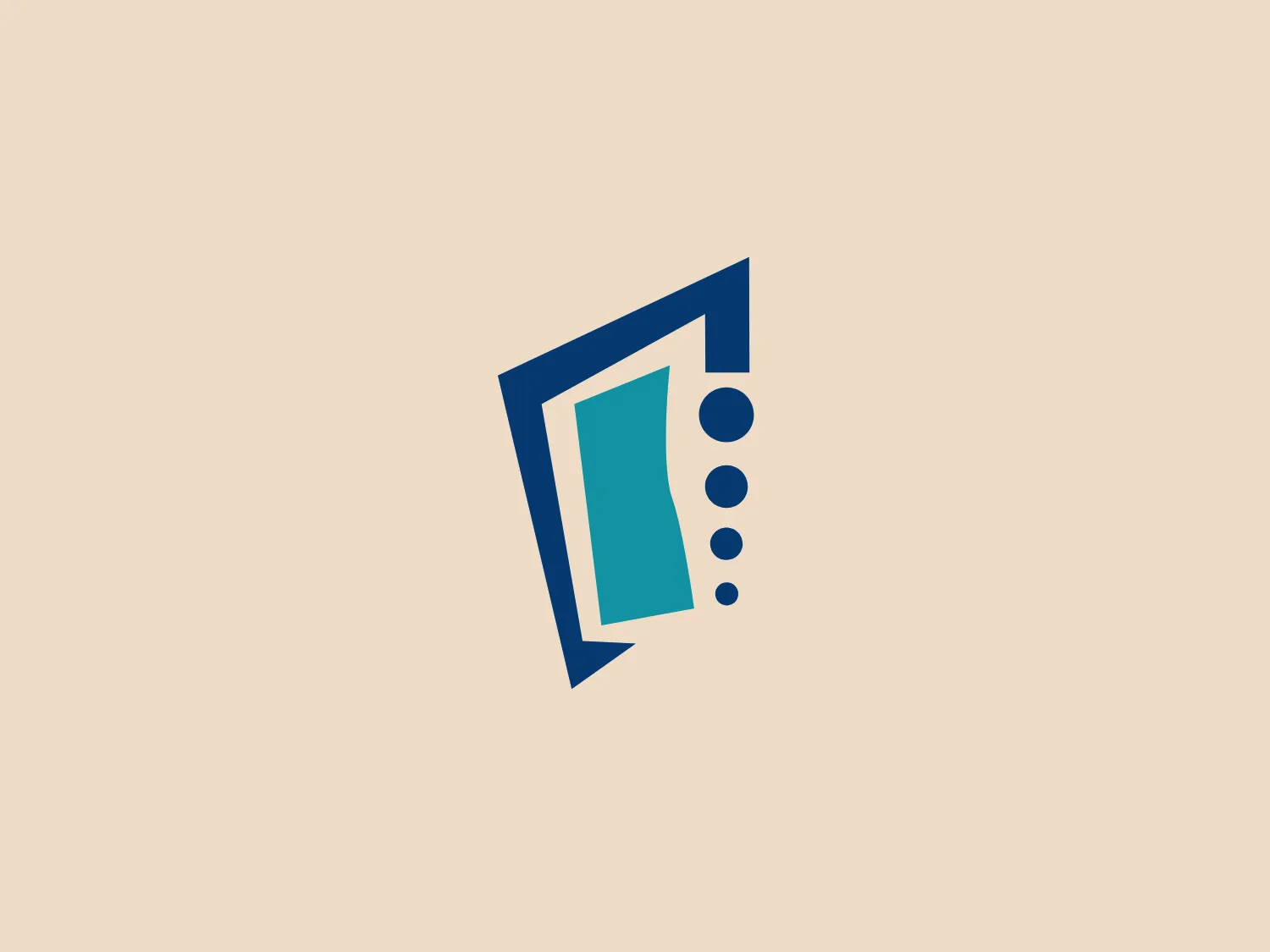 The Page One logo depicts an abstract, stylized design with sharp lines and geometric forms. It consists of a dark blue, almost rectangular shape resembling an open door or a book with its spine, alongside a lighter blue, parallelogram-like shape suggesting motion or transformation. Three small, dark blue circles decrease in size from top to bottom, positioned to the right of the light blue shape. The overall aesthetic is modern, clean, and suggests progressiveness or innovation, with bold colors providing good contrast.