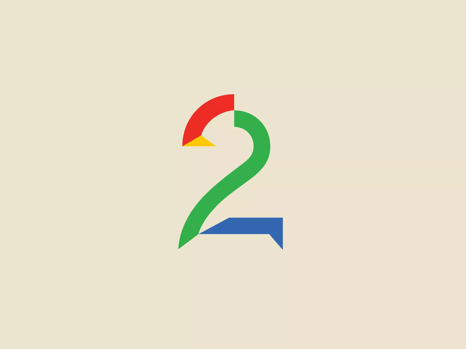 The logo for TV 2 Norway is a stylized number "2" with a modern and abstract twist. It comprises three distinct shapes in primary colors: the upper curve is red, the central downward stroke is green, and the base is in blue. The edges of the shapes are smooth and have a slight curvature, giving the logo a dynamic and flowing look. The corner of the green stroke subtly overlaps the blue base, adding depth to the design. The colors are bold and bright, set against a clean white background. Given the color scheme and modern aesthetic of the TV 2 Norway logo, a neutral yet warm background that complements without overpowering would be suitable.