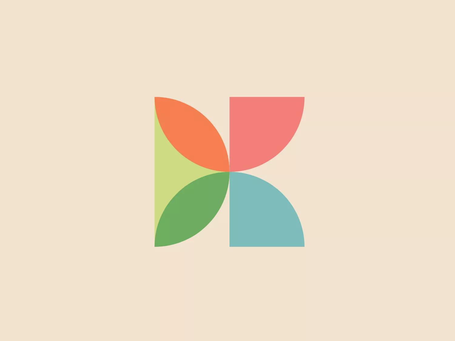 The image shows a modern and simplistic logo consisting of four overlapping opaque leaf-like shapes, creating a pinwheel or flower-like design. The colors of these shapes include a soft red, blue, green, and orange, each with a pastel tone. The overall aesthetic is minimalistic, with a gentle and eco-friendly vibe suggested by the leaf-like figures and the choice of colors. The organic shapes and their arrangement give a sense of harmony and balance. The lack of any harsh lines or borders adds to Konscious Foods logo's softness and approachability.