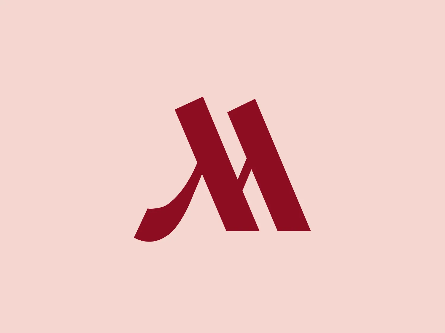 The image displays a modern and minimalist logo consisting of a stylized "M" that features sharp angles and smooth curves, showcasing a balance between geometric rigidity and organic flow. It is rendered in a solid, bold, and dark red/maroon color that gives it a strong visual presence. This simple yet striking design embodies a professional and contemporary aesthetic, suitable for a variety of corporate or branding applications.