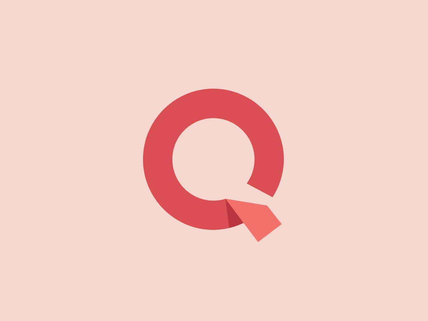 The logo is a stylized letter 'Q' with a modern and minimalistic design. The main body of the 'Q' is a flattened circle with a cut at the bottom, giving it a unique identity. A triangular notch extrudes from the bottom right, completing the shape of the 'Q' while adding a dynamic element to the design. The logo uses a soft, coral red color that feels inviting and friendly. The simplicity and clean lines of the logo suggest a contemporary and accessible brand. There's a balance between the roundness of the 'Q' and the sharpness of the notch that makes the design interesting and memorable.