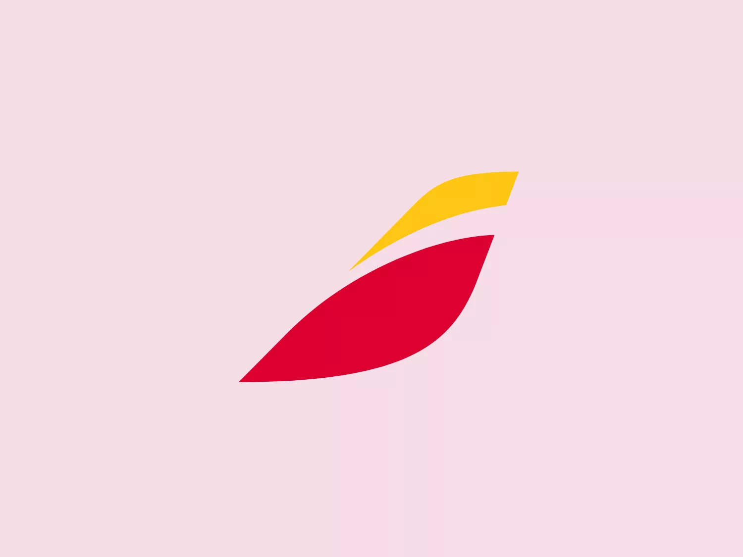 The Iberia logo features a modern, minimalistic depiction of a bird in flight using abstract geometric shapes. The design includes a larger, elongated teardrop shape in rich red representing the bird's body, overlapped by a smaller, similarly shaped element in vibrant yellow, suggesting the wing or a feather. The placement of the yellow element gives the impression of movement or ascension, creating a bold and dynamic contrast evoking energy and passion.