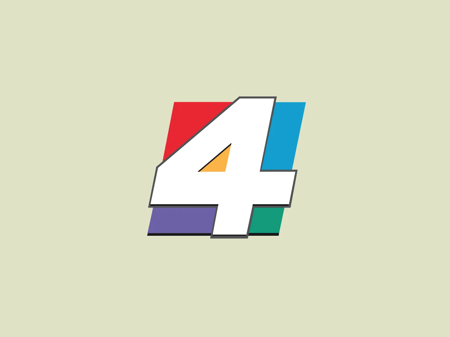The News4Jax logo features a sleek and modern stylized number 4, formed by thick white lines and filled with flat, solid colors including red, blue, green, purple, and yellow. A thin grey line outlines the colorful shapes, maintaining a clean and structured look. The design is minimalistic and bold, utilizing color-blocking to achieve a playful yet balanced aesthetic.
