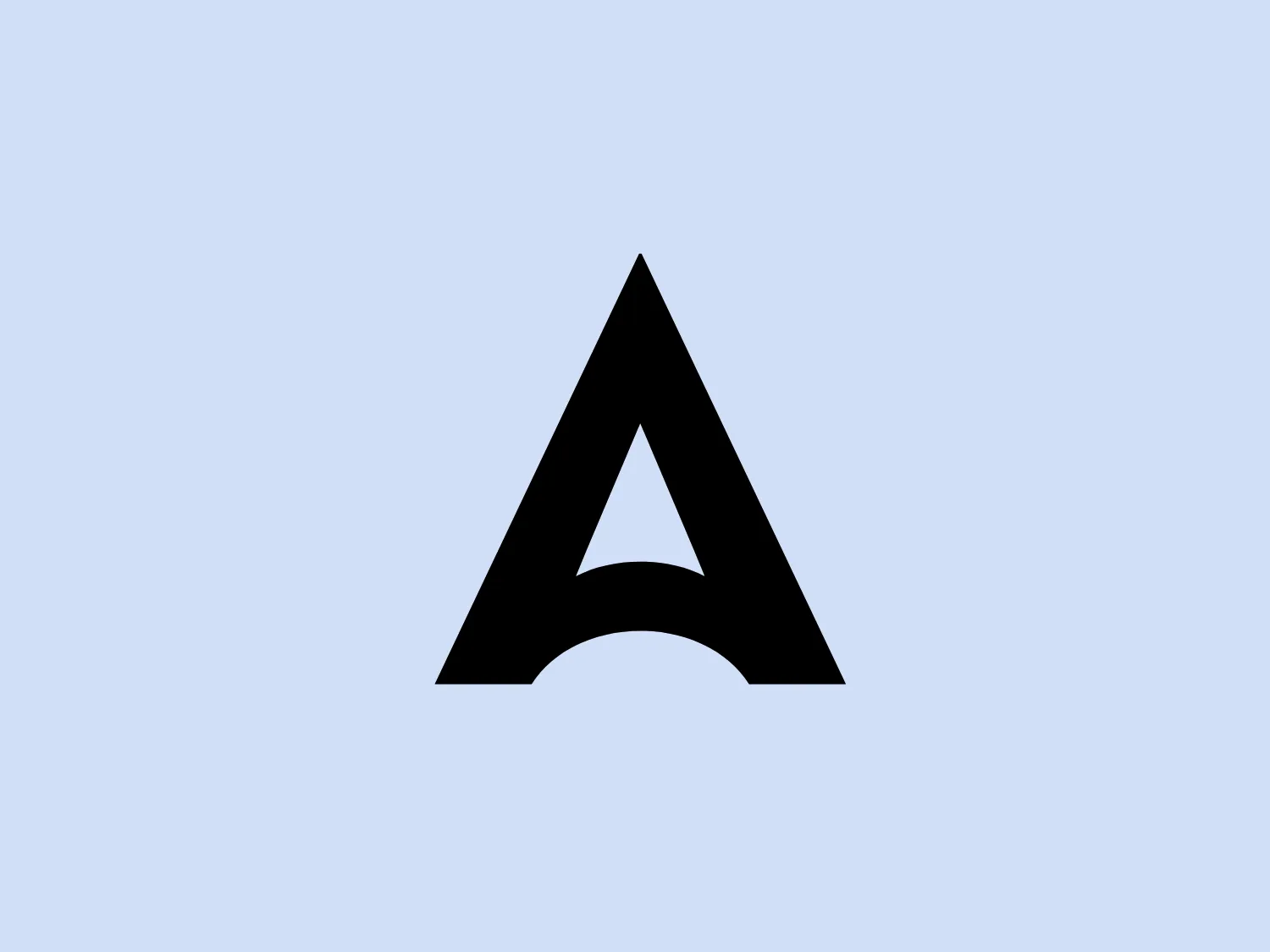 The Arctive logo is a bold, black-colored design featuring a modern and minimalist letter "A." The sharp angles and geometric approach give it a unique character. The negative space inside the "A" forms a distinct, stylized arch. The base of the "A" conveys stability and strength, while the peak tapers to a sharp point, adding a sense of precision. The recommended background color to complement the logo's style and contrast is #D9E5F9.