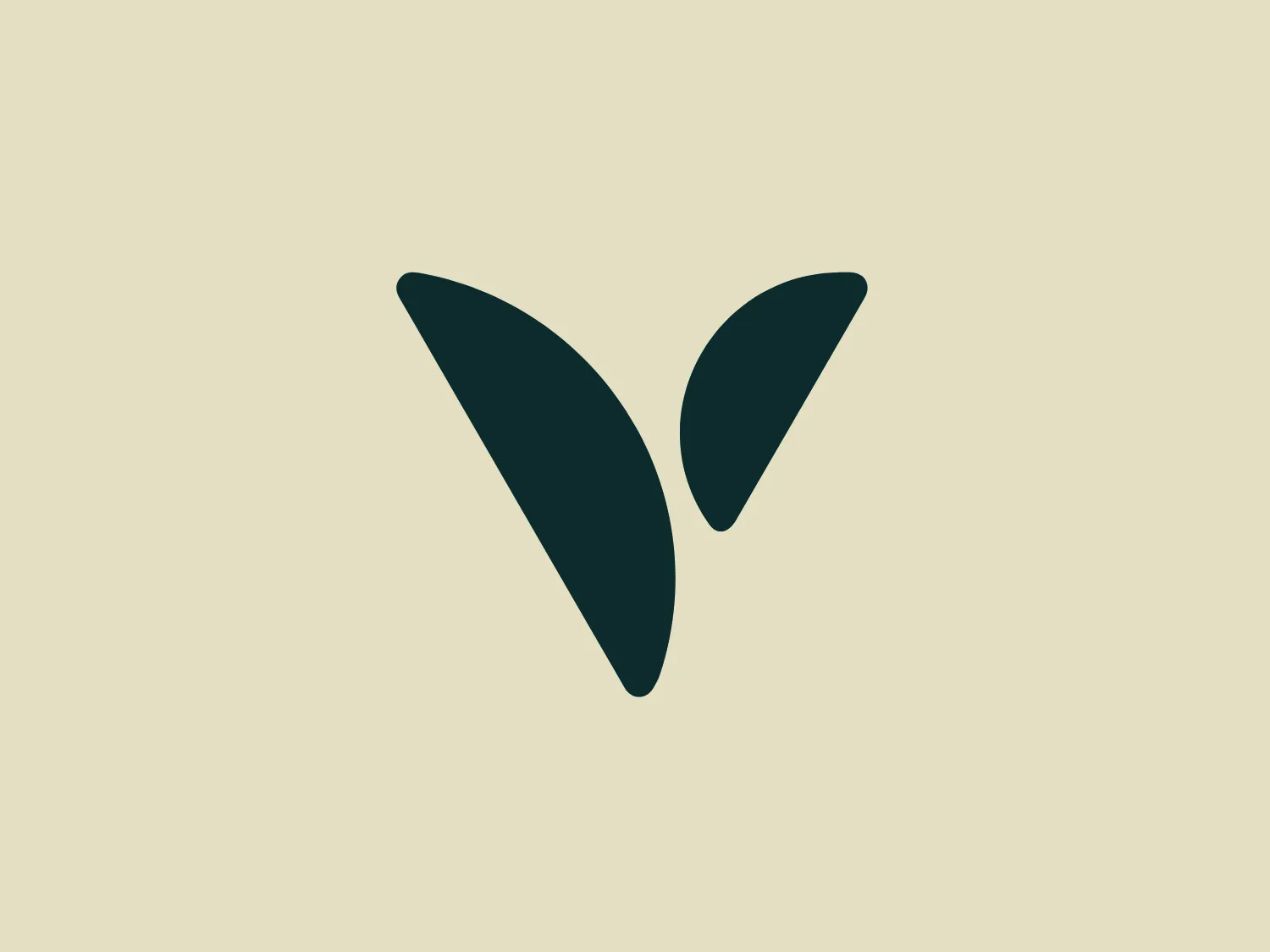 The image features an abstract, minimalist logo consisting of two dark teal or deep sea green asymmetrical shapes that resemble stylized leaves or wings. The larger shape is on the left side, pointing upwards with a smooth, flowing curve, while the smaller one on the right side complements it with a similar but more subdued form. The Vively logo exudes a sense of natural elegance and dynamic balance. Its simplicity allows for versatile use across various mediums, and the organic forms suggest growth, movement, or sustainability themes. The color is sophisticated and could imply an eco-friendly or high-end branding strategy.