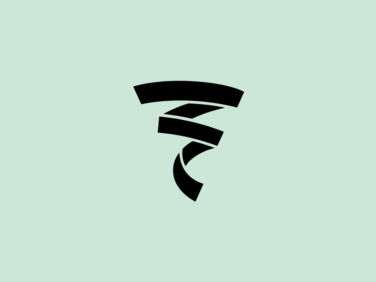 The Focal logo features an abstract, dynamic shape with bold, black curved elements tapering downward, creating a sense of movement or spinning. The negative space is utilized effectively, enhancing its modern and minimalistic aesthetic. The logo's background color should complement its design, with the recommended color being the soft, cool tone of #D4EBDE.