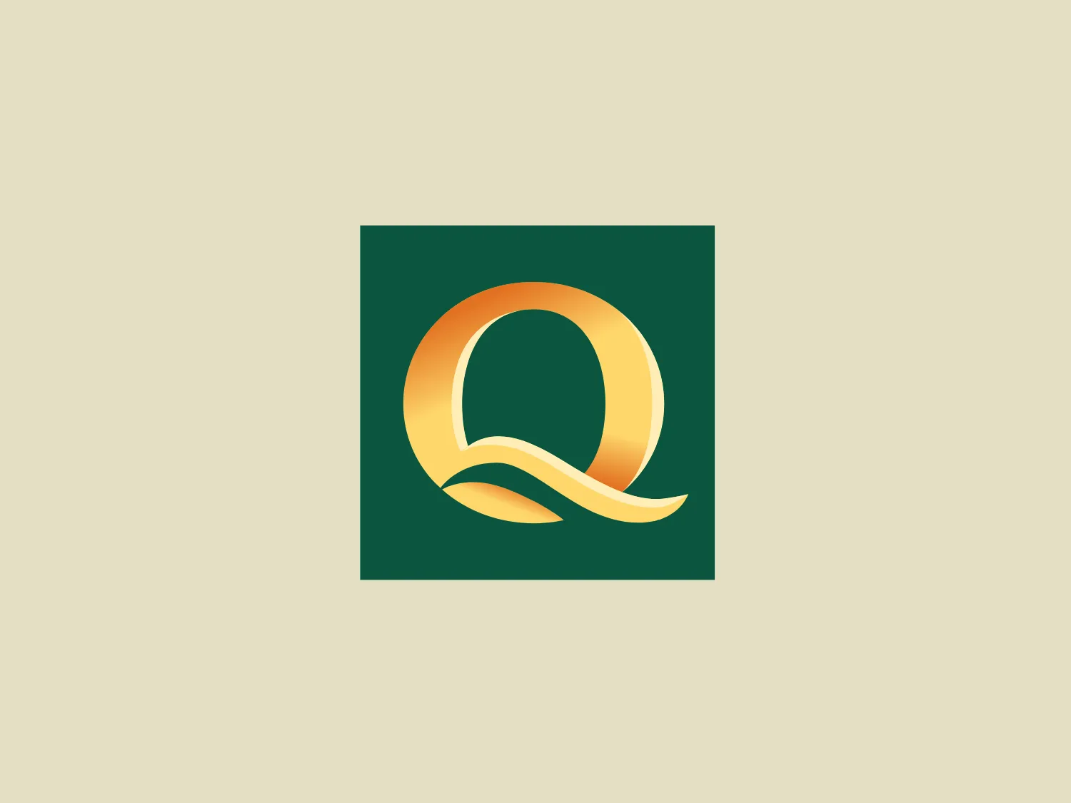 The Quality Inn logo features a stylized letter "Q" with smooth, flowing lines, creating an elegant and modern design. The thick, ribbon-like element forms a loop, conveying continuity. The gradient color palette transitions from warm gold to a richer shade, giving it a three-dimensional and luxurious feel. Set against a deep green square background, the logo exudes a premium aesthetic, suitable for a high-end brand or service.
