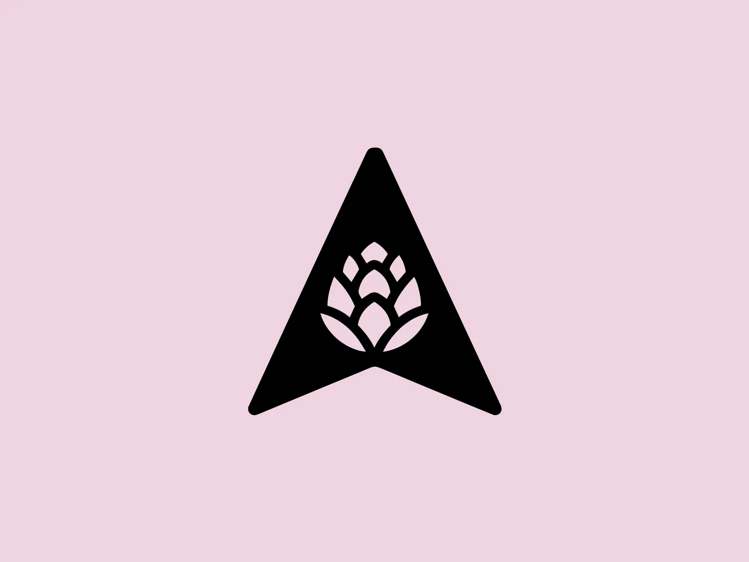 The logo for Antur Brew features a stylized black hop cone inside a black equilateral triangle. The hop cone is composed of several overlaid leaf shapes that form a tiered, almost fractal pattern, radiating outward from the center. The design is simple, using a monochromatic color scheme, and has a modern, clean aesthetic with a clear focus on symmetry and geometry, giving it a bold and recognizable appearance. The use of negative space around and within the hop cone is effectively creating a visual hierarchy and emphasizing the logo's central motif.