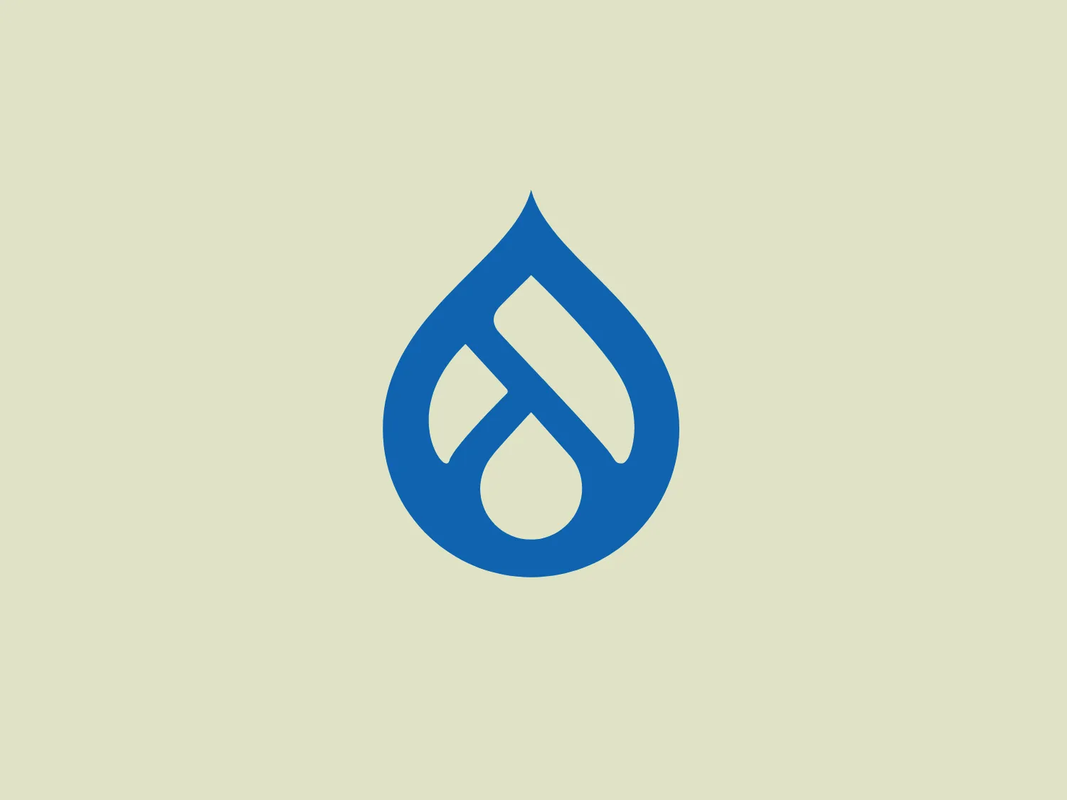 The Drupal logo features a stylized blue flame or water droplet shape with two symmetrical white shapes within it that resemble a flame or a dynamic, abstract design. The blue is bold and saturated, creating a striking contrast with the white. The overall design aesthetic is modern, clean, and conveys a sense of energy, movement, or purity. The tapering points of the inner white shapes give an impression of precision and focus.