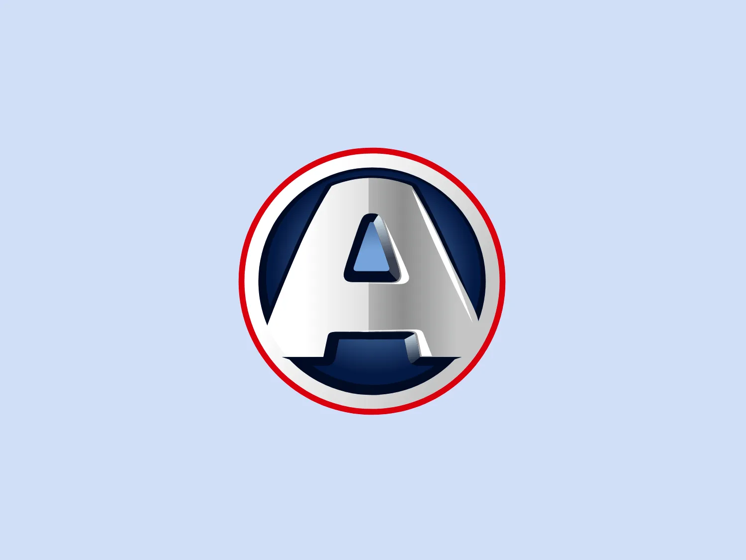 The Aixam logo showcases a large metallic letter 'A' at the center, encased within a striking red circular border. The gradient within the 'A' blends silvery gray and blue, creating a three-dimensional effect. The top bar of the 'A' is lighter, while the bottom is grounded by a curved blue-grey shadow. This sleek and professional design is well-suited for the technology or automotive industries, evoking innovation and strength.