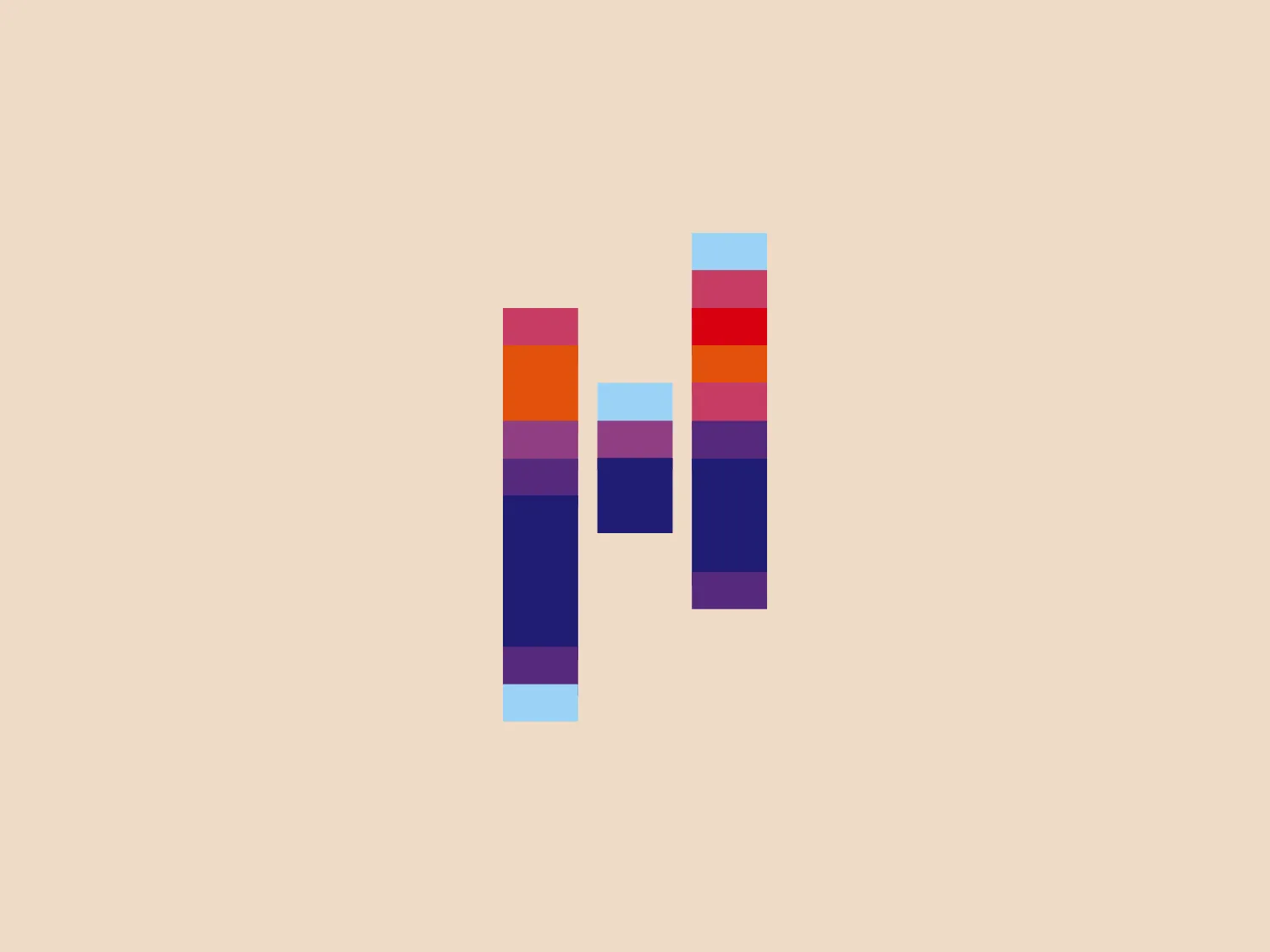 The Hochschule Flensburg logo consists of two abstract, geometric shapes resembling a stylized letter H. Composed of multiple vertical rectangles with rounded corners, they create a digital or pixel-like effect. The color palette transitions smoothly from deep purple at the bottom to a dark blue, then light blue, followed by a vibrant orange at the top, suggesting a gradient or layering concept. The overall design is modern and digital in aesthetic, with a clear emphasis on technology or innovation. The clean lines and blocky structure convey a sense of strength and foundation.