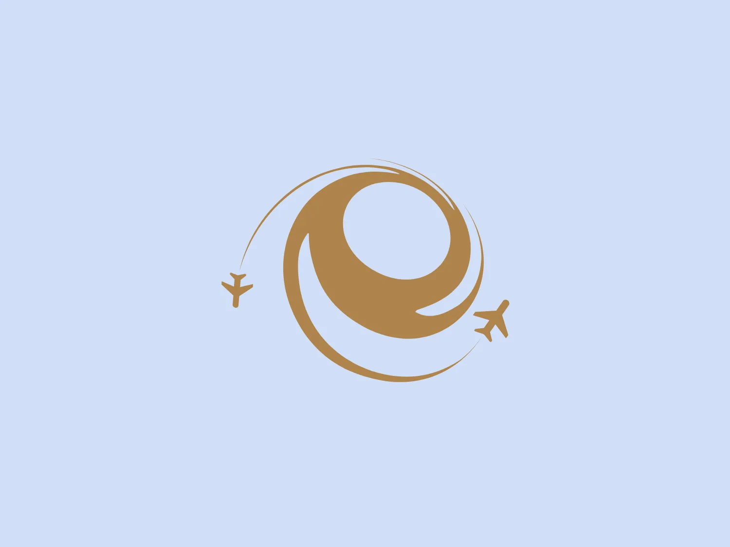 This business's logo, Ehiltur, features a stylized globe composed of two swirling arcs that encircle a central void, reminiscent of the Earth viewed from afar. Executed in a monochromatic golden brown color, it exudes a sense of luxury and sophistication. Two minimalist airplane silhouettes accompany the globe—one taking off and the other in mid-flight—symbolizing travel and global connectivity. The use of space and curvaceous lines creates a dynamic and modern aesthetic. Given the logo's color and theme, a background color that provides a high contrast while still maintaining an air of elegance would be appropriate.