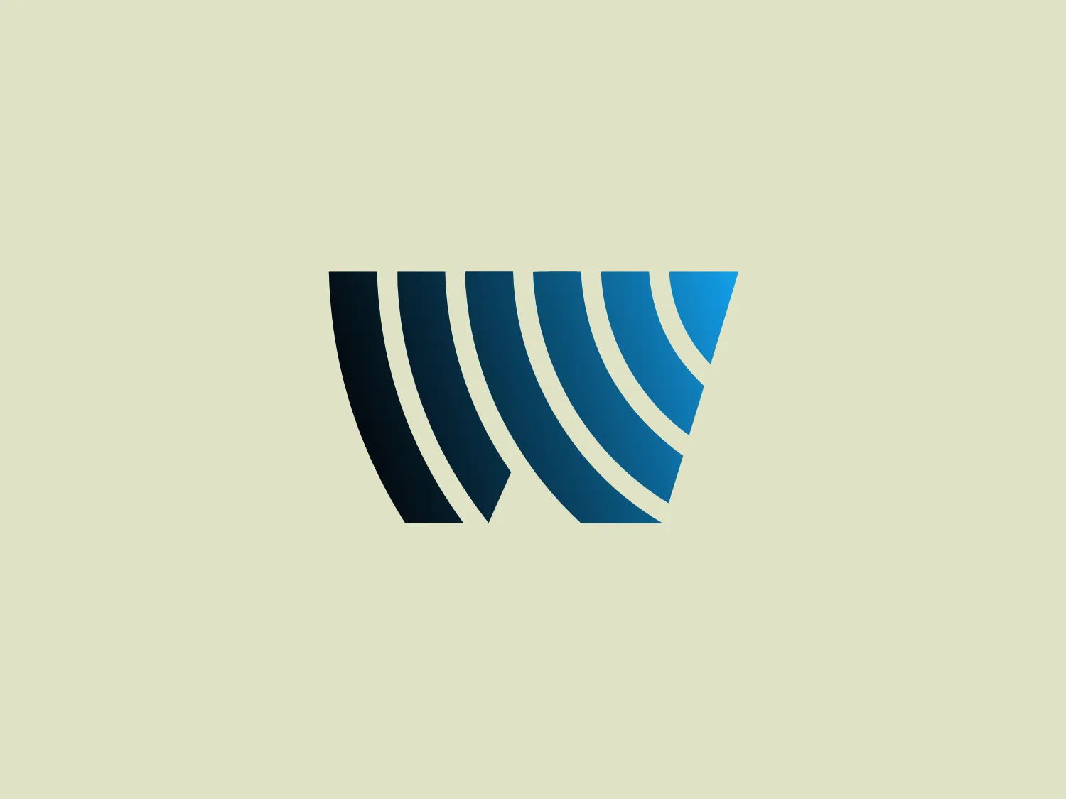 The Westwood One logo is a modern and dynamic design consisting of five parallel, abstract shapes, resembling curved bands or ribbons, arranged in a gradient effect from dark navy blue to a lighter shade of blue. The partially overlapped shapes create a sense of movement and progression, while the simplicity and clean lines convey a professional and contemporary aesthetic.
