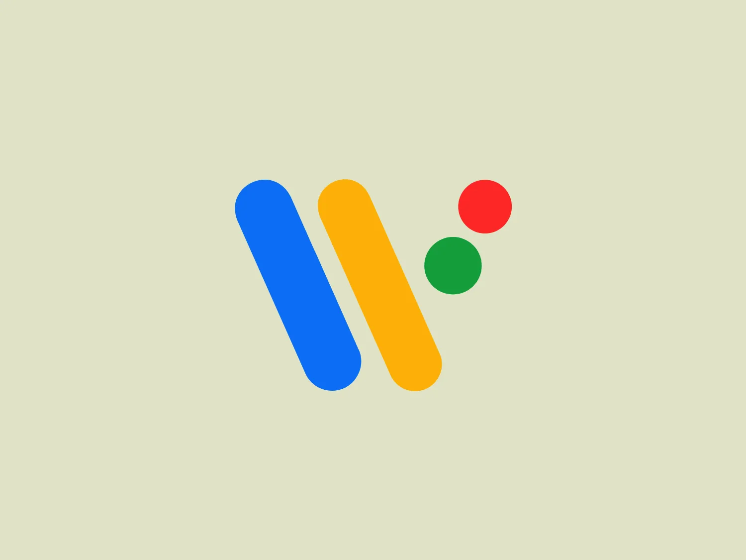 The Wear OS logo features a simple and modern design, consisting of three parallel abstract shapes. The first and largest shape is colored in a bright blue, the middle one in a sunny yellow, and the smallest one in a vivid red, with a tiny green circle hovering above and to the right, giving a playful and dynamic feel. The rounded ends of the shapes add a soft and friendly touch to the design. The logo uses flat colors without gradients, which contributes to a clean and contemporary aesthetic. Considering color theory and the principle of contrast, the hexcode #E5E7D0 would provide a soft, neutral background that complements the vibrant colors of the logo without overpowering them.
