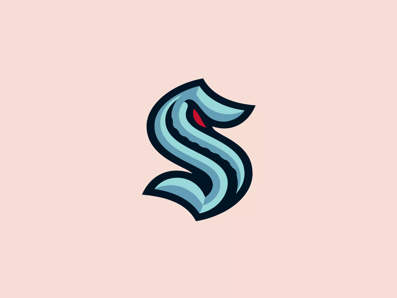 The Seattle Kraken logo showcases a stylized letter 'S' with elegant curves that create a dynamic and fluid appearance. The logo is composed of various shades of blue, from deep navy to a lighter cyan, producing a sense of depth with dark to light gradients. Subtle highlights and shadows enhance the logo's three-dimensional look, and a striking red accent on one end of the 'S' adds contrast to the cool color scheme. This neat and modern design conveys a sense of sophistication and sleekness.
