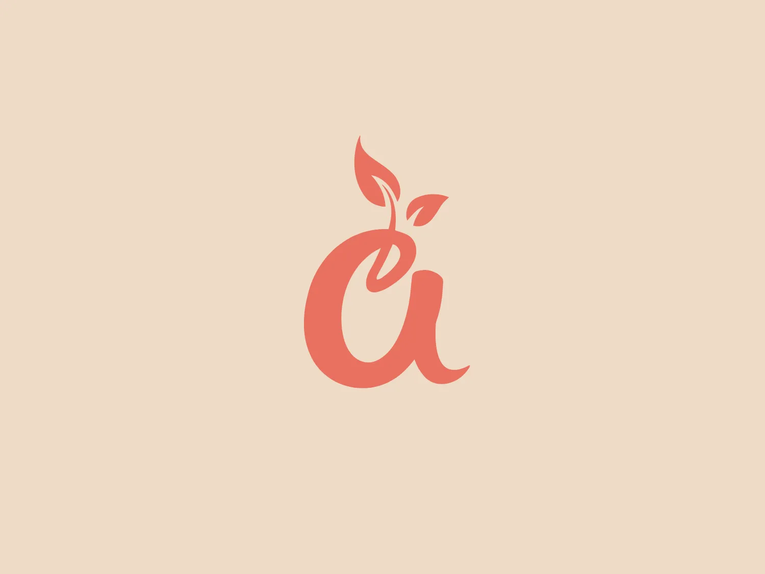 The Angelic Bakehouse logo features a stylized lowercase letter 'a' with an organic design element. The 'a' has a flowing right leg, giving it a gentle and elegant appearance. Above it, two leaf-like figures sprout seamlessly from the letter, suggesting growth or a natural essence. The logo's warm, soft coral shade conveys a welcoming and vibrant energy. This color choice is modern and could be associated with creativity or a health-conscious brand, perhaps one related to nature or organic products. The logo is minimalist and uses negative space effectively to enhance its design.