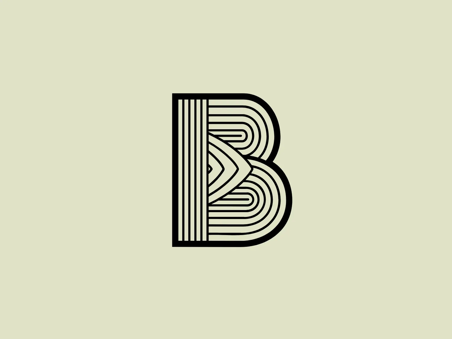 The Broke Brewing logo features a stylized monogram with the letter “B” constructed using black lines of varying thicknesses, creating depth and movement. The combination of straight and curved geometric shapes forms an abstract representation of the letter, evoking a modern and dynamic aesthetic. The lines create a visual illusion that draws the eye to the center of the letter, adding to the logo's unique and memorable character.