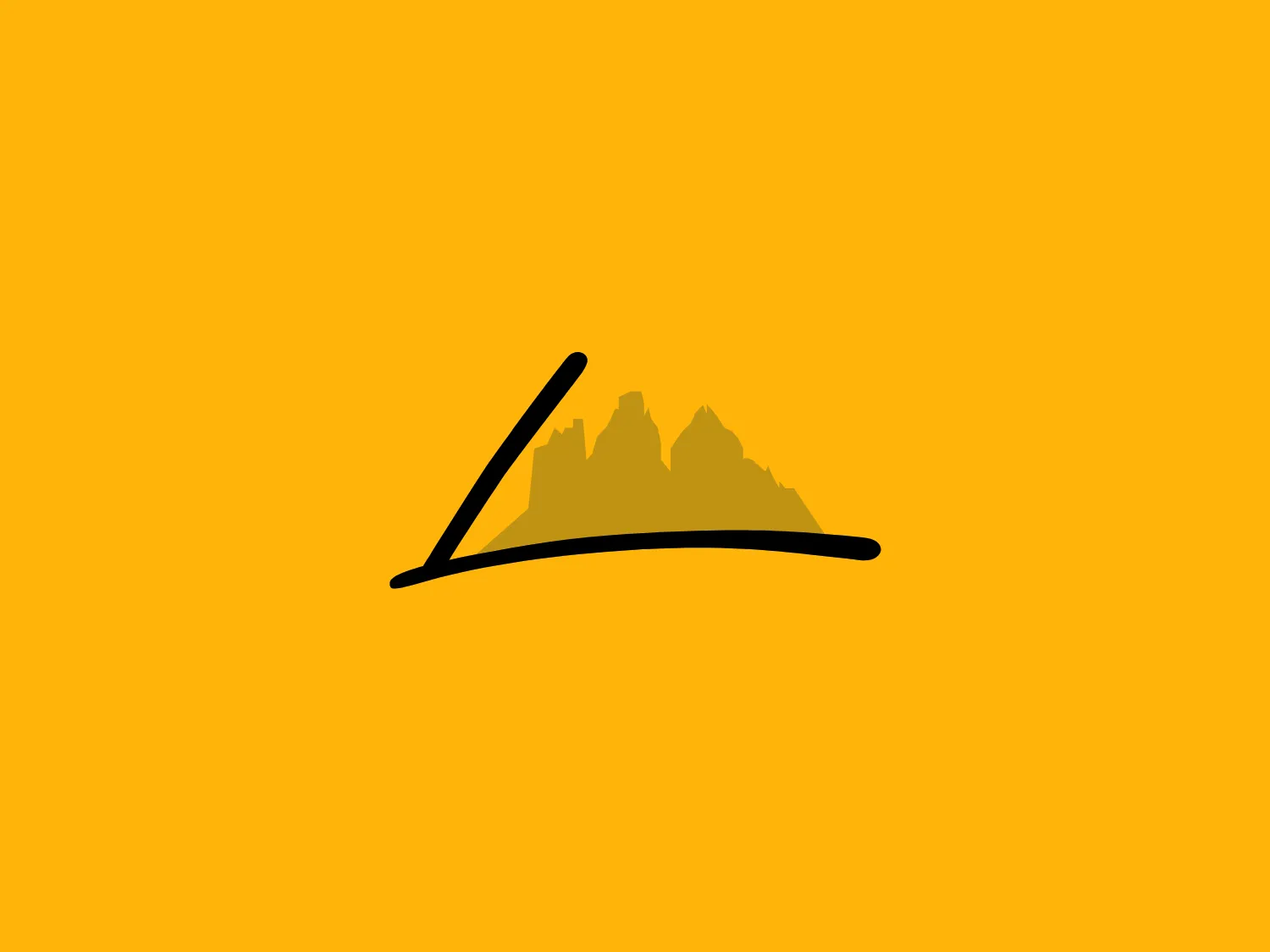 The Loewe Dolomites logo depicts a stylized mountain range in a warm golden-yellow color (#FFC000), positioned above a simple, fluid black line representing a landscape or horizon. The balanced contrast between the bold black and vibrant yellow elements creates a visually appealing harmony. The peaks have jagged edges, symbolizing rugged terrain, while the smooth, curving trajectory of the line adds a sense of calm and balance. Overall, the logo has a clean, modern aesthetic and conveys a spirit of adventure and exploration through the mountain imagery. Hexcode: #F7DED6