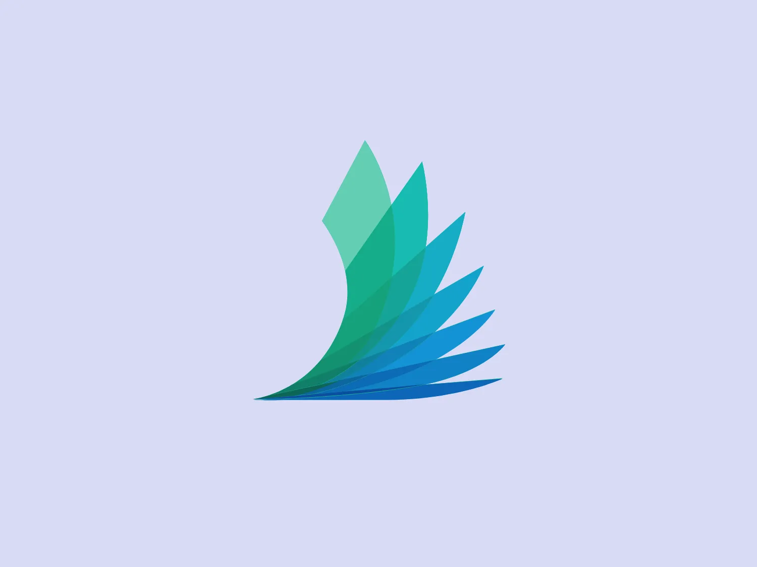 The Darien Library logo is a stylized, abstract depiction of what could be interpreted as a dynamic flame or a layered feather design, with multiple elements converging to a sharp point at the bottom right. It is comprised of a gradient of colors, transitioning from a deep teal at the base through various shades of light blue to a gentle aqua at the tips of the elements, giving it a cool and modern feel. The individual segments are reminiscent of speed or growth and are arranged in a manner that implies motion or ascension. The overall design aesthetic is clean, with a sense of fluidity and forward momentum.