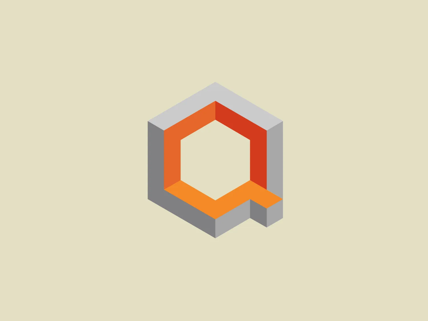 The IonQ logo features a stylized three-dimensional hexagon composed of interconnected lines. The primary colors used in the design are gray and orange, creating a visually striking contrast. The gray forms the majority of the hexagon's framework, while the orange color highlights an internal pathway or circuit-like feature within the hexagon, giving the illusion of depth and motion. The overall aesthetic is modern, minimalistic with an industrial or tech-inspired vibe. The use of negative space within the design adds to its clean and sophisticated feel.