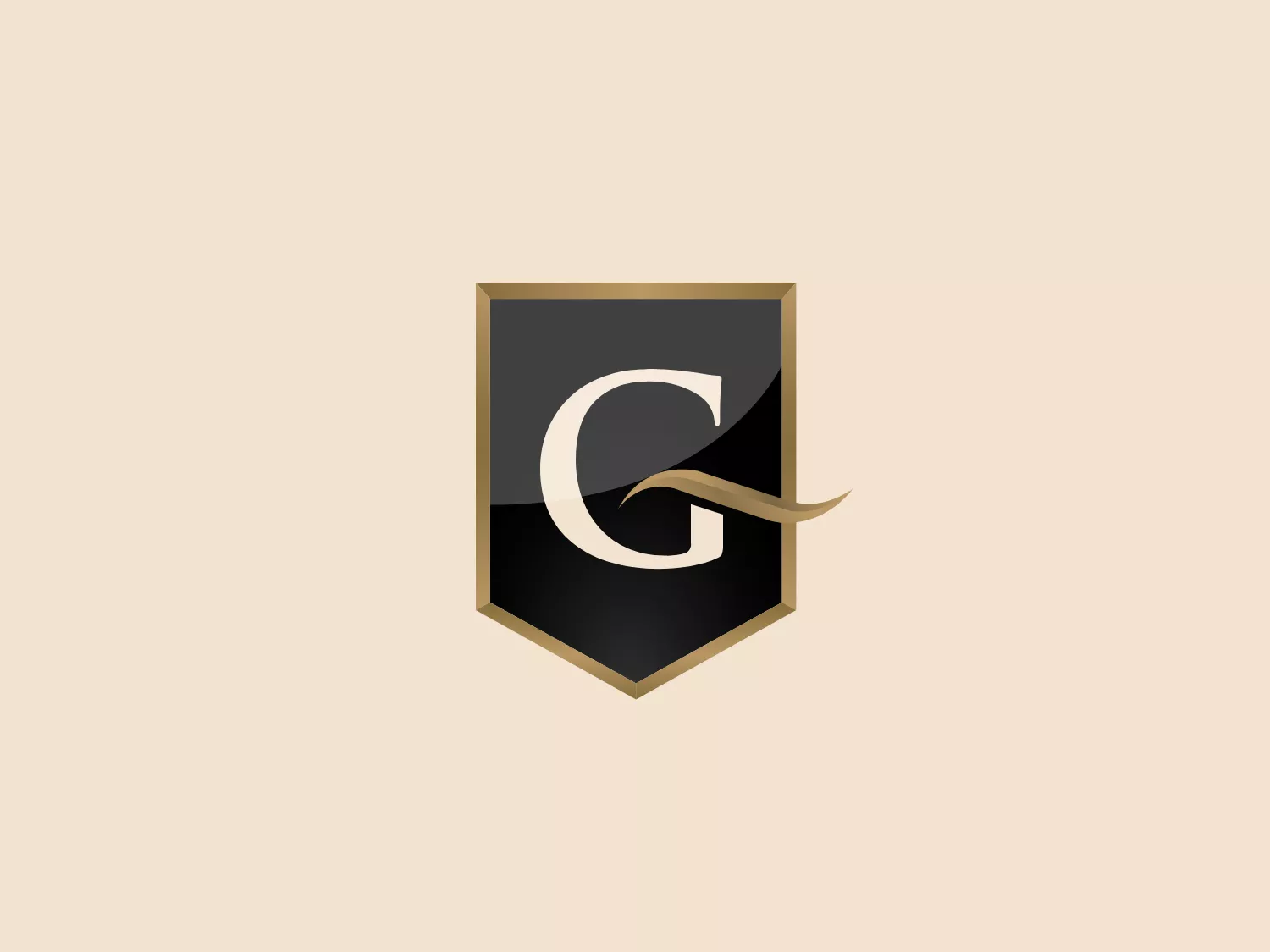 The Gatineau Golf logo presents a bold and modern aesthetic with a stylized letter "G" centered on a dark shield-shaped background outlined in gold. The metallic finished "G" in a serif font creates a three-dimensional effect, while a gold swoosh-like design element underlines the "G" and extends outside the shield, adding dynamism to the overall design.