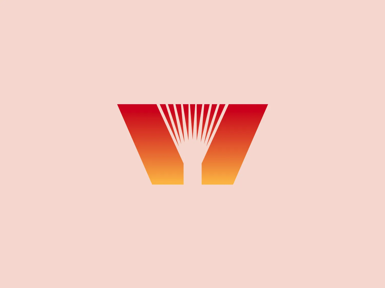 The YWCA logo features a stylized emblem with a geometric design, resembling an abstract fan or sunburst within a chevron shape. The fan motif is composed of thin, vertical white lines converging at the bottom, creating a sense of expansion. The gradient ranges from deep red to bright yellow, giving the logo an energetic and vibrant feel with a sense of forward motion and innovation.