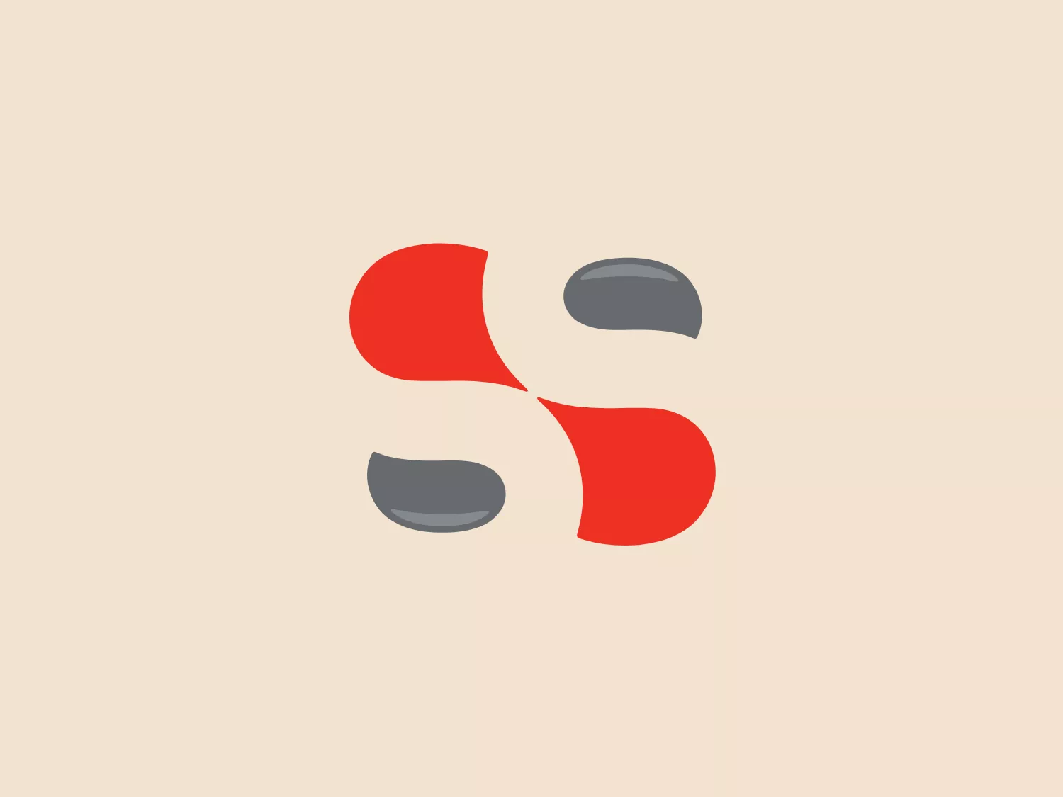 The Symmetry Surgical logo is a stylized, abstract design featuring four curved shapes that collectively resemble a propeller or a flower in motion. The design consists of two larger red lobes diagonally opposite each other, complemented by two smaller dark grey lobes. The shapes have a modern and fluid appearance, suggestive of dynamism and connectivity. The color contrast between the red and the grey forms a striking visual, while the spacing between the shapes fosters a sense of openness. Considering the color palette of the logo, a light and neutral background would enhance its boldness without overpowering it.