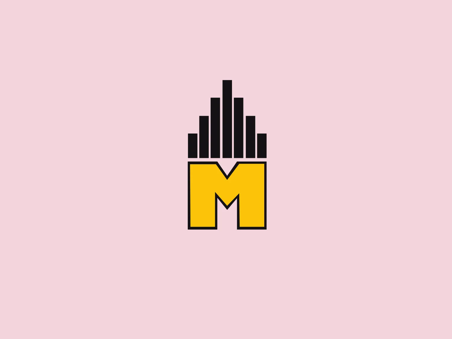 The Mecklenburgische logo is made up of a vibrant yellow, stylized capital letter "M" as the centerpiece. Positioned above the "M" is a series of vertical black bars of varying heights, creating an effect reminiscent of a city skyline or sound visualization. The design is characterized by a modern, minimalistic aesthetic, featuring sharp contrast between the yellow and black, and clean lines. The overall impression is one of urban energy and modernity, with a possible connection to music or sound.