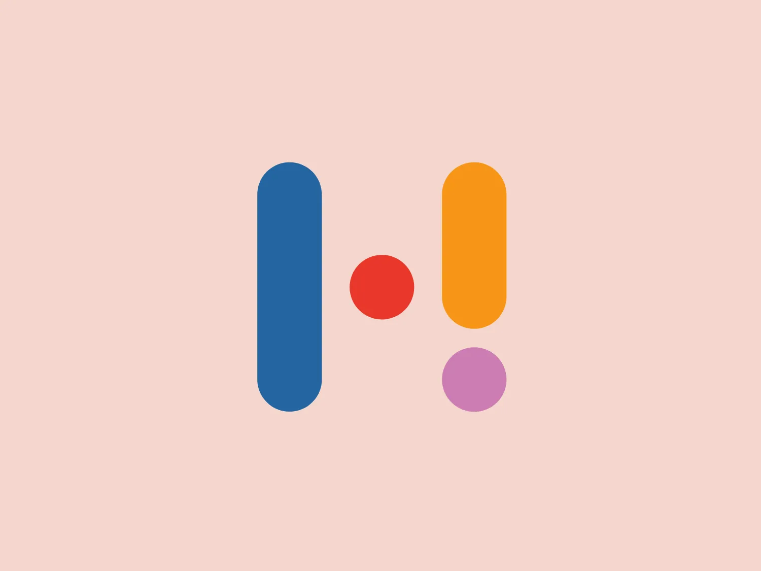 The Hay logo features a stylized arrangement of geometric shapes consisting of two vertically elongated rectangles and two circles. The rectangle on the left is colored in a deep shade of blue, while the one on the right has a vibrant yellow hue. The circle between the rectangles is smaller and colored bright red, providing a stark contrast to the rectangles. Below the red circle, slightly to the right, sits the second circle, which is a soft purple. The design has a minimalist and modern feel, relying on bold colors and simple forms to create an abstract yet harmonious composition.
