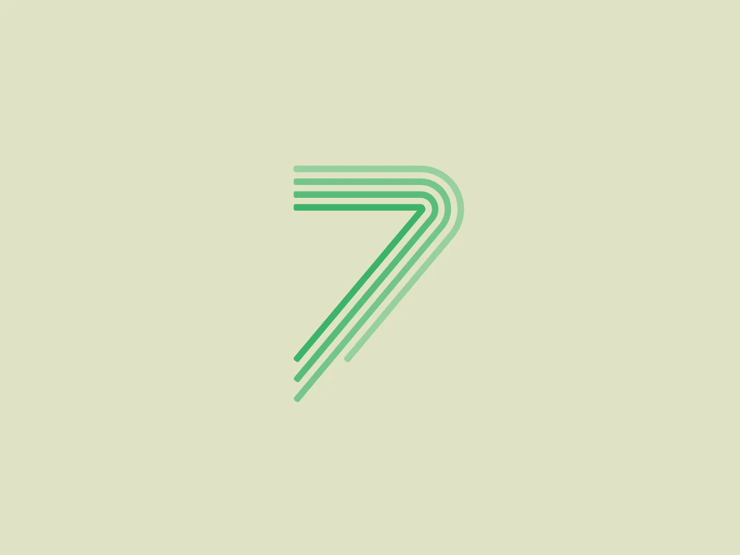 The image displays a modern, stylized logo for Learning 7 that consists of a series of parallel, diagonal lines creating the shape of an abstracted arrow or a stylistic 'play' symbol pointing to the top right. The logo features a gradient of green shades, transitioning from a darker green on the outer lines to a lighter green in the center, giving it depth and a three-dimensional feel. The logo's appearance is sleek and dynamic, with a sense of movement and progression. The design is minimalistic and would fit well in contemporary branding.
