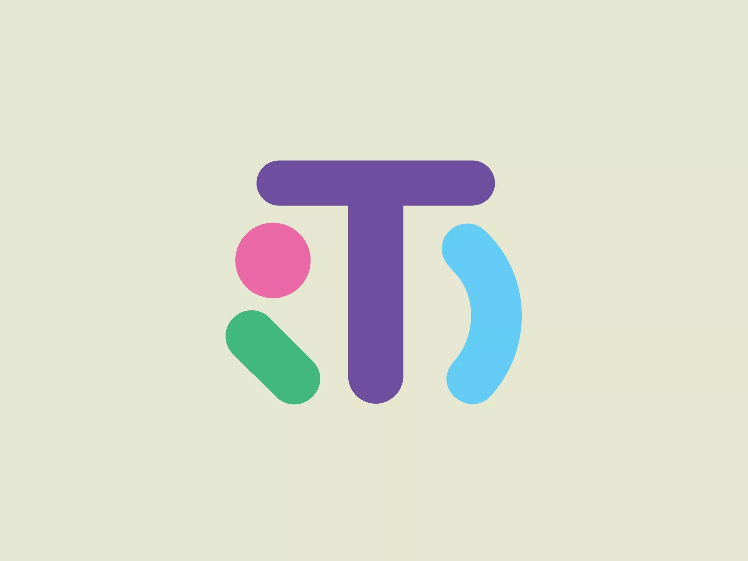 The Tetrika School logo features a stylized uppercase letter 'T' in a bold, sans-serif typeface at the center, rendered in a soft purple color. Complementing the 'T' are three abstract shapes on either side: to the left, a green oval stands vertically aligned; on the right, a pink circle and blue curved shape resembling a parenthesis add an asymmetrical balance. The overall design aesthetic is modern and minimalist, with a playful and friendly vibe suggested by the rounded forms and pastel colors. Due to the presence of light and pastel colors in the Tetrika School logo, a neutral but slightly cooler background might complement it well.
